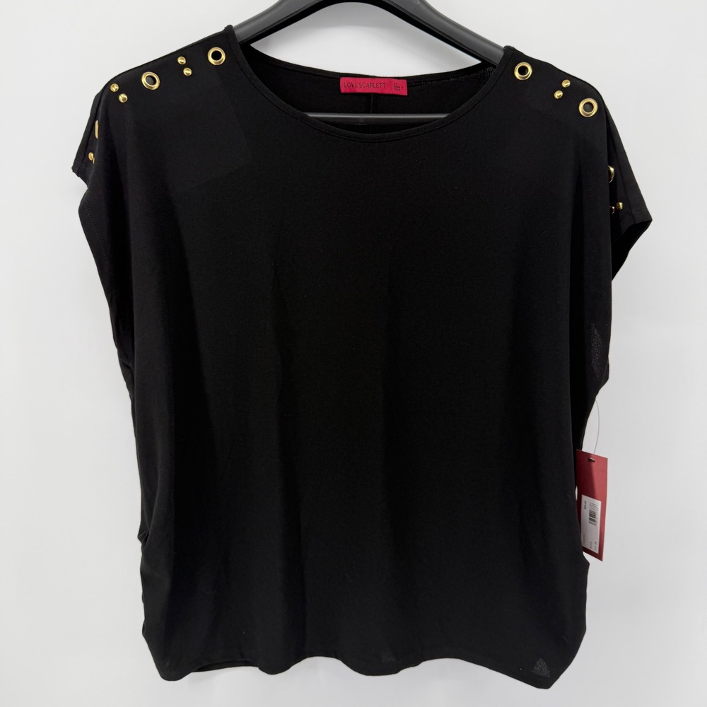 Love Scarlett Top Women's 2X Black Grommet Shoulder Scoop Neck snitched sides